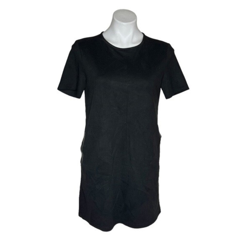ZARA Shift Dress Tunic Black Vegan Leather Accent Pockets Size Small